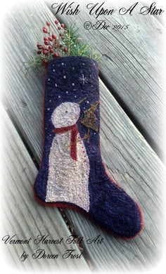 Wish Upon A Star Christmas Stocking ~  Primitive Punch Needle Embroidery Pattern